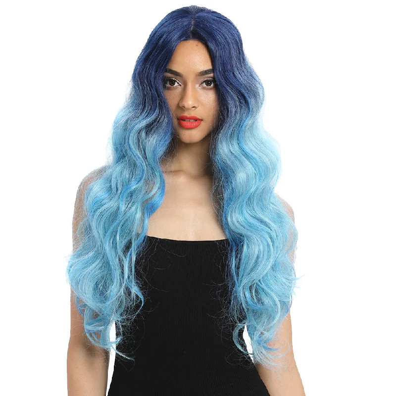 Wavy wig with a pre - bleached knot for a natural - looking scalpNOBLE Synthetic Lace Front Wigs For Women | 29 Inch Long Wave Dreamy Blue Wig | Samira Wavy wig with a pre - bleached knot for a natural - looking scalpNOBLE Synthetic Lace Front Wigs For Women | 29 Inch Long Wave Dreamy Blue Wig | Samira