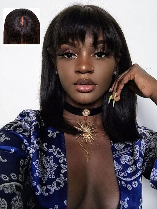 Heat - resistant braided wigs for styling flexibility[Wear & Go] Bob Wig With Bangs Silky Straight Glueless Lace Wig 100% Human Hair