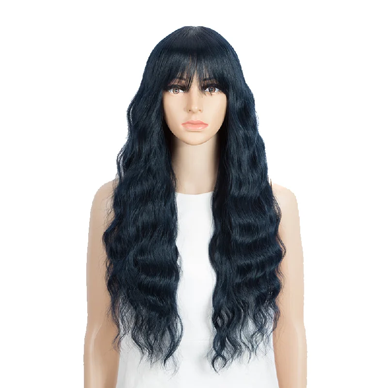 Human - hair wavy wig for a natural and luxurious feel26 Inch Non Lace Loose wigs Blue Black Color | CARLA Human - hair wavy wig for a natural and luxurious feel26 Inch Non Lace Loose wigs Blue Black Color | CARLA