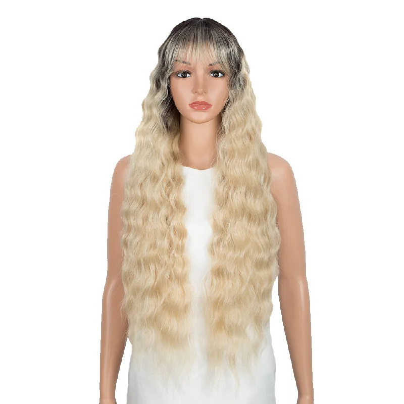 Wavy wig with a middle - part for a classic and elegant style30 Inch Synthetic Curly Loose wigs with Bangs Cream Blonde Color | Craib Wavy wig with a middle - part for a classic and elegant style30 Inch Synthetic Curly Loose wigs with Bangs Cream Blonde Color | Craib
