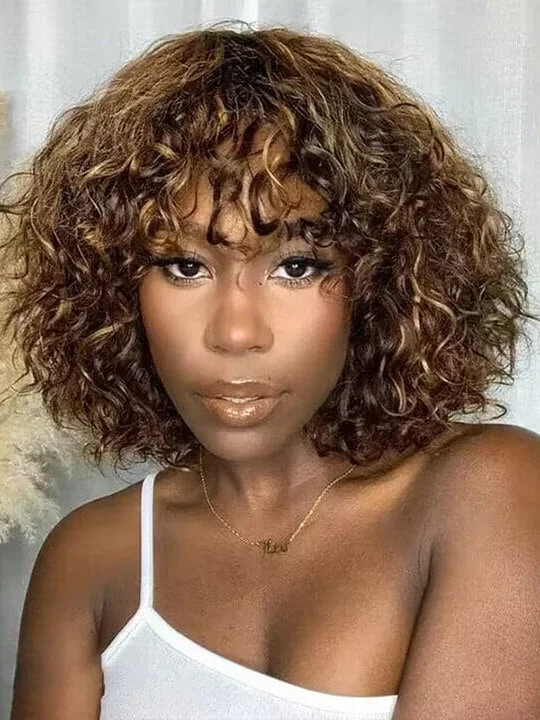 Human hair braided wigs for a luxurious feel[Wear & Go] Highlight Bob Wig With Bangs Curly Glueless Wig 100% Human Hair