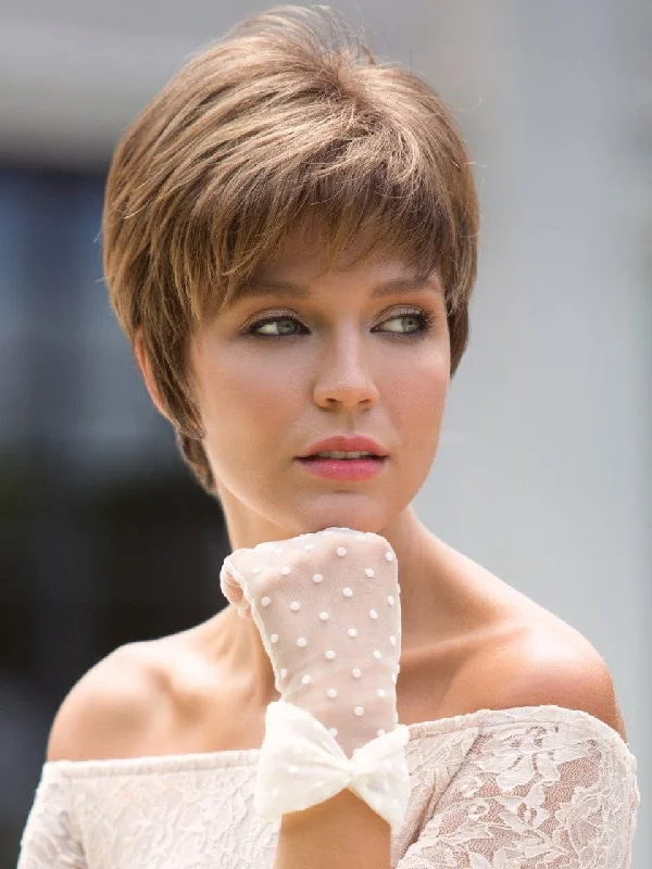 Short wig with a blunt bob cut for a modern and sleek styleSally by Noriko | Monofilament Top Pixie Wig | CLOSEOUT