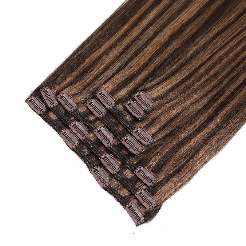 Clip - in hair extensions with a middle - part for a classic and elegant styleClip In Hair Extensions #2/12 Dark Brown & Dirty Blonde Mix 17" Clip - in hair extensions with a middle - part for a classic and elegant styleClip In Hair Extensions #2/12 Dark Brown & Dirty Blonde Mix 17"