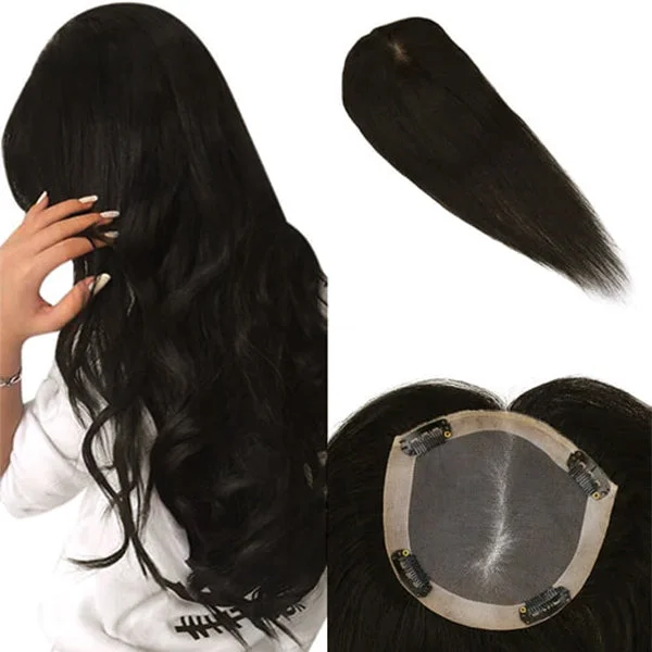 Clip - in hair extensions with a middle - part for a classic and elegant style[Sale]Moresoo 5"*5" Base Mono Hair Topper Remy Human Hair Natural Black #1B