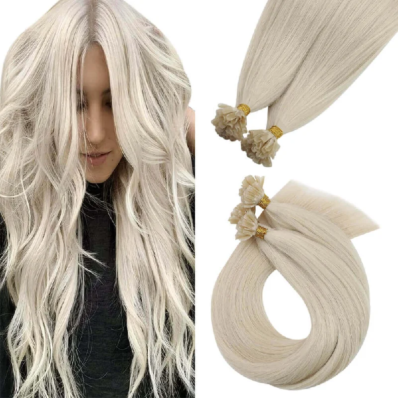 Clip - in hair extensions with a curly texture for a bold and stylish choice[Sale]Moresoo Virgin U Tip Brazilian Hair Extensions Human Hair Straight White Blonde #1000