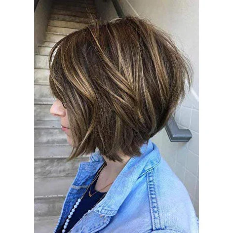 Clip - in hair extensions with a side - part for a more flattering look[Sale]Straight Brazilian Wig Mono Bob Blonde Highlights with Brown #P4/27
