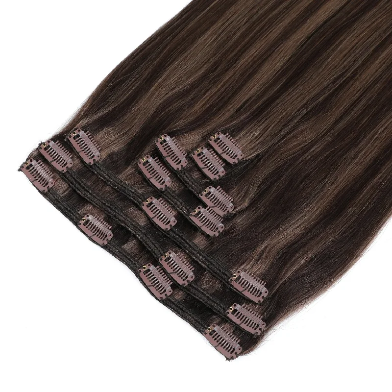 Human - hair clip - in hair extensions for a natural and luxurious lookClip In Hair Extensions #2c/8a Dark Chocolate Brown and Ash Brown Mix 17" Human - hair clip - in hair extensions for a natural and luxurious lookClip In Hair Extensions #2c/8a Dark Chocolate Brown and Ash Brown Mix 17"