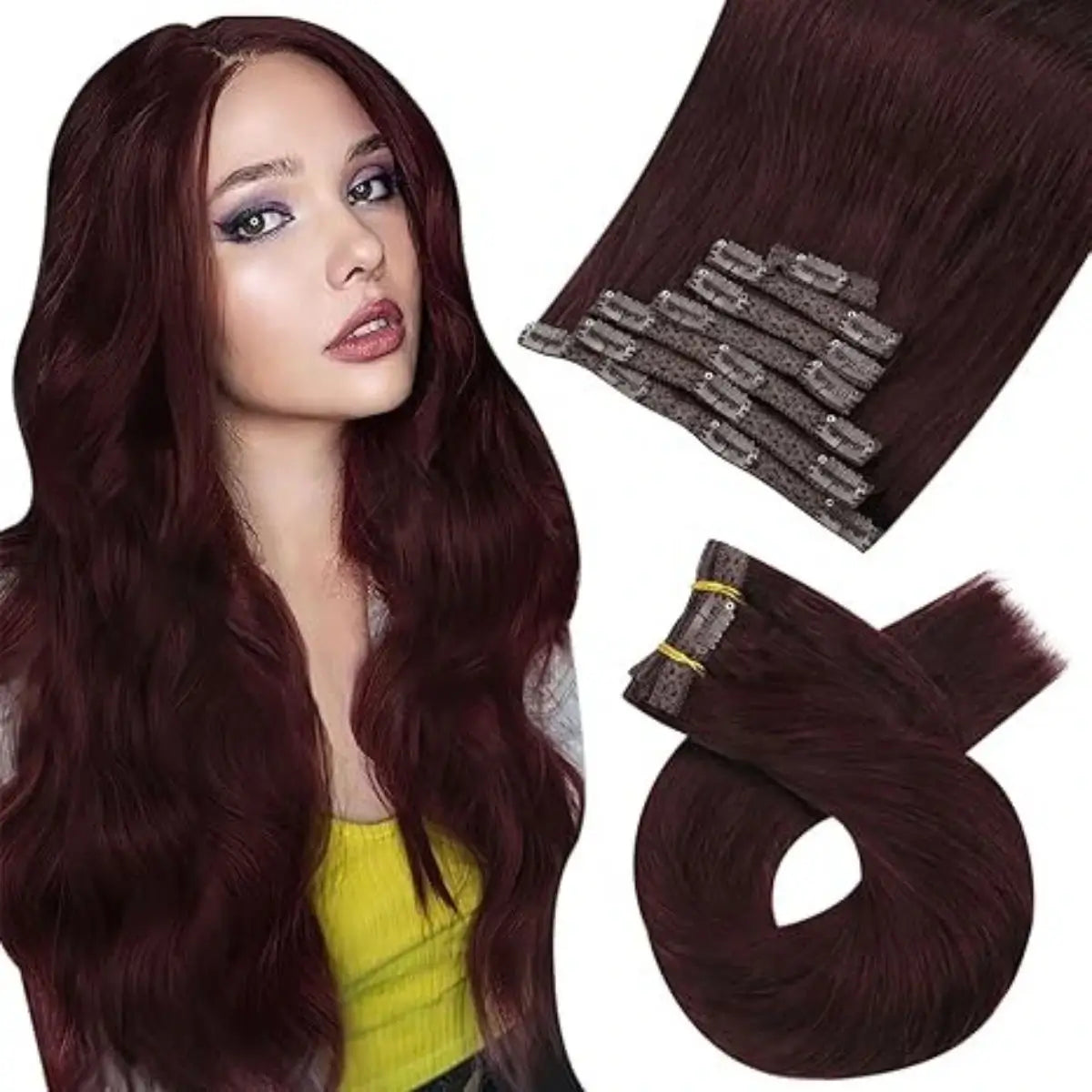 Clip - in hair extensions with a curly texture for a bold and stylish choiceMoresoo Remy Clip In Brazilian Human Hair Extension Dark Red(#99J) Clip - in hair extensions with a curly texture for a bold and stylish choiceMoresoo Remy Clip In Brazilian Human Hair Extension Dark Red(#99J)