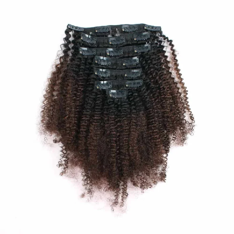 Clip - in hair extensions with a straight texture for a sleek and seamless blendClip in Hair Extension Afro Kinky Curly Ombre Natural Black to Chocolate Brown Clip - in hair extensions with a straight texture for a sleek and seamless blendClip in Hair Extension Afro Kinky Curly Ombre Natural Black to Chocolate Brown