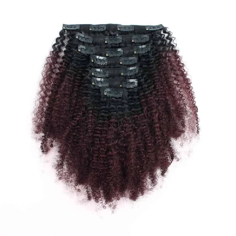 Synthetic clip - in hair extensions with a heat - resistant formula for easy stylingClip in Hair Extension Afro Kinky Curly Ombre Natural Black to Dark Wine Synthetic clip - in hair extensions with a heat - resistant formula for easy stylingClip in Hair Extension Afro Kinky Curly Ombre Natural Black to Dark Wine