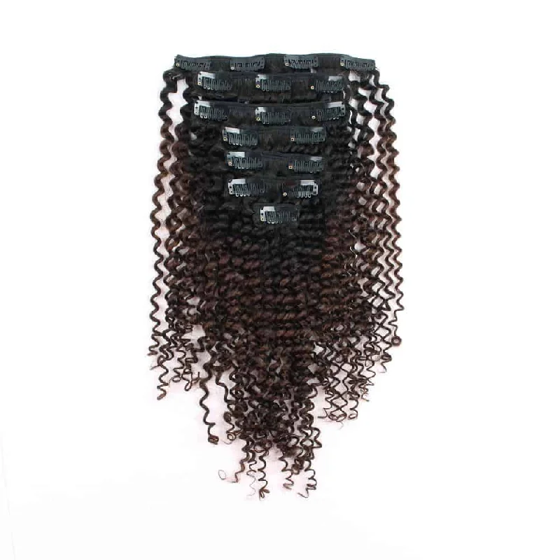 Synthetic clip - in hair extensions with a heat - resistant formula for easy stylingClip in Hair Extension Kinky Curl Ombre Natural Black to Chocolate Brown Synthetic clip - in hair extensions with a heat - resistant formula for easy stylingClip in Hair Extension Kinky Curl Ombre Natural Black to Chocolate Brown