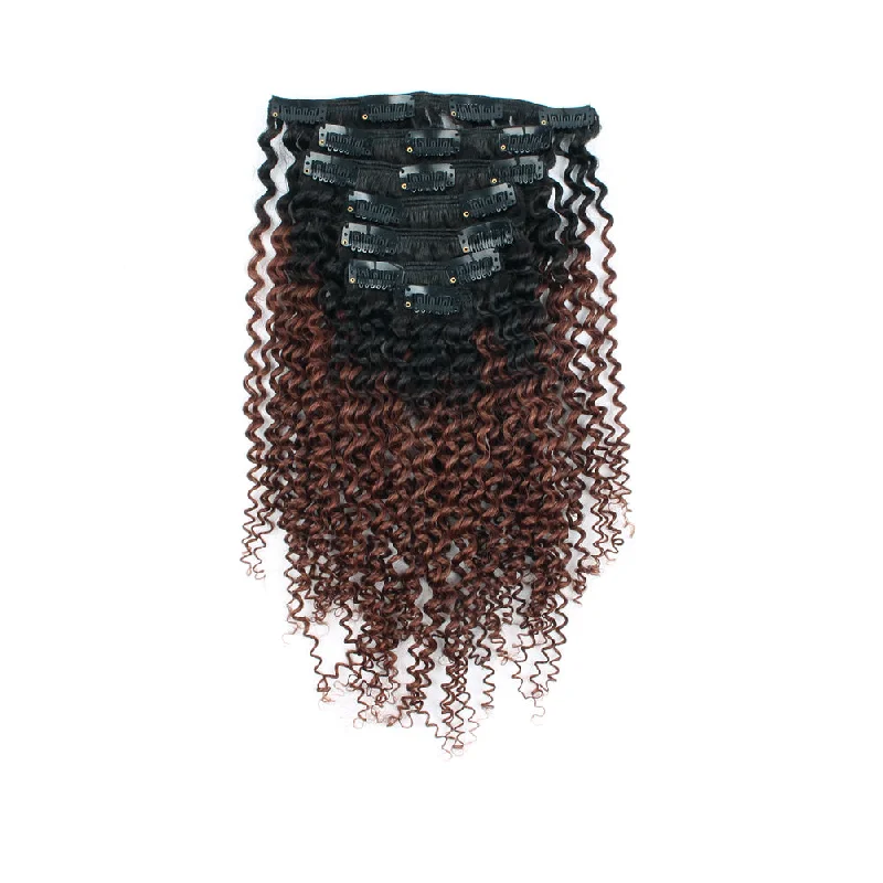 Clip - in hair extensions with a straight texture for a sleek and seamless blendClip in Hair Extension Kinky Curl Ombre Off Black to Dark Auburn Clip - in hair extensions with a straight texture for a sleek and seamless blendClip in Hair Extension Kinky Curl Ombre Off Black to Dark Auburn