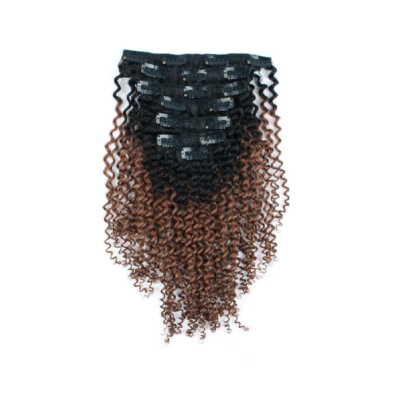 Clip - in hair extensions with a curly texture for a bold and stylish choiceClip in Hair Extension Kinky Curl Ombre Off Black to Light Auburn Clip - in hair extensions with a curly texture for a bold and stylish choiceClip in Hair Extension Kinky Curl Ombre Off Black to Light Auburn