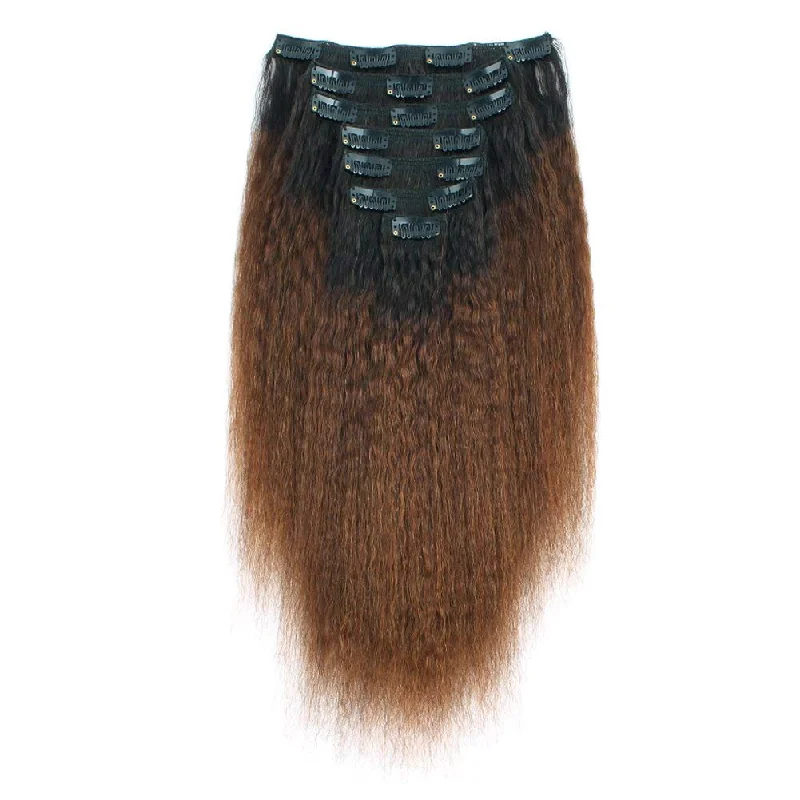 Clip - in hair extensions with a straight texture for a sleek and seamless blendClip in Hair Extension Kinky Straight Ombre Natural Black to Chocolate Brown Clip - in hair extensions with a straight texture for a sleek and seamless blendClip in Hair Extension Kinky Straight Ombre Natural Black to Chocolate Brown