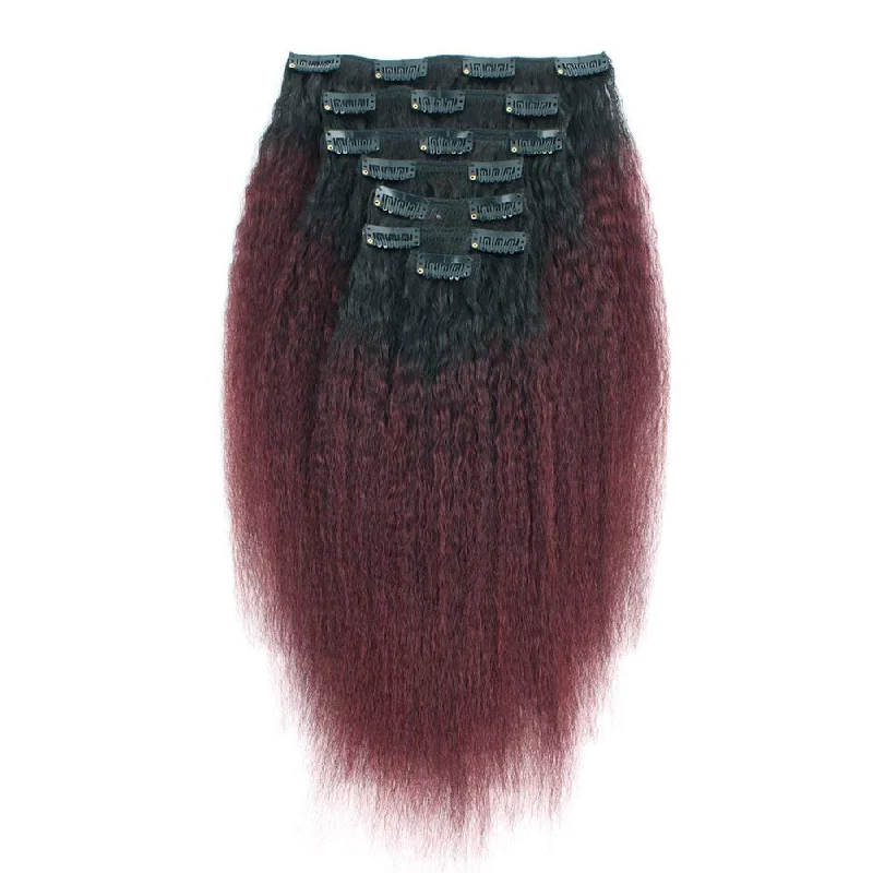 Clip - in hair extensions with a wispy fringe for a soft and feminine lookClip in Hair Extension Kinky Straight Ombre Natural Black to Dark Wine Clip - in hair extensions with a wispy fringe for a soft and feminine lookClip in Hair Extension Kinky Straight Ombre Natural Black to Dark Wine