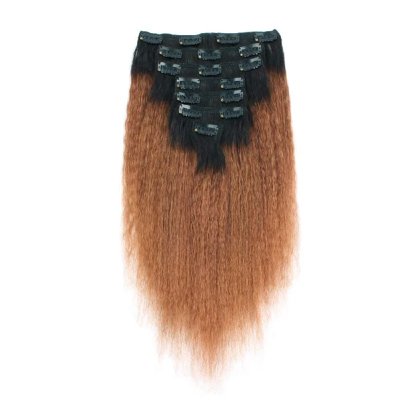 Clip - in hair extensions in a jet - black color for a classic and timeless appearanceClip in Hair Extension Kinky Straight Ombre Natural Black to Light Auburn Clip - in hair extensions in a jet - black color for a classic and timeless appearanceClip in Hair Extension Kinky Straight Ombre Natural Black to Light Auburn