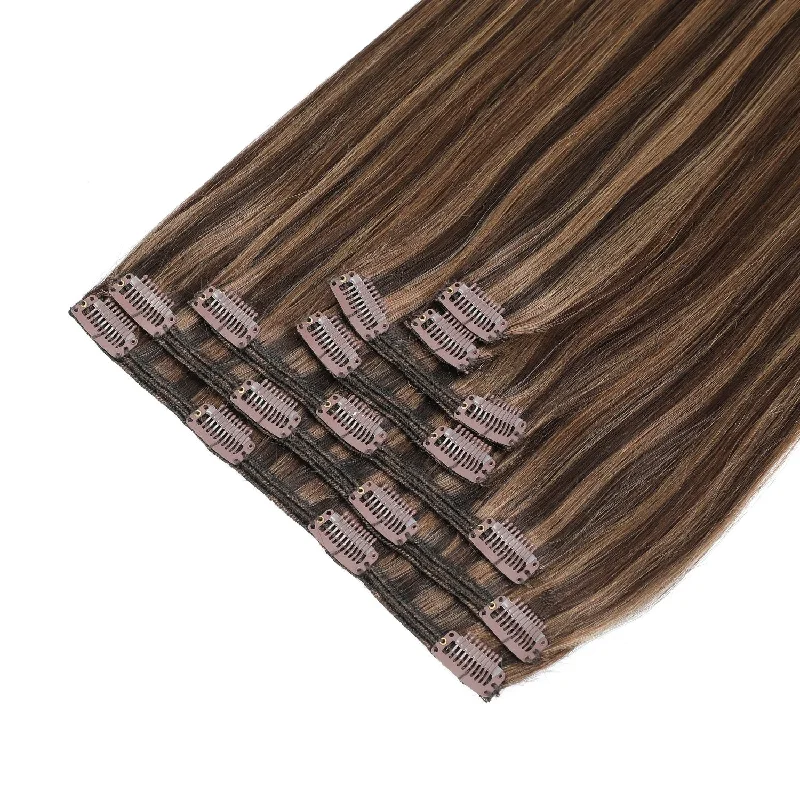 Synthetic clip - in hair extensions with a heat - resistant formula for easy stylingClip In Hair Extensions #2/10 Dark Brown & Caramel Mix 17" Synthetic clip - in hair extensions with a heat - resistant formula for easy stylingClip In Hair Extensions #2/10 Dark Brown & Caramel Mix 17"