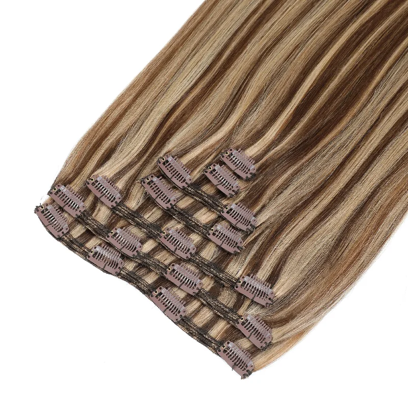 Clip - in hair extensions with a pre - bleClip In Hair Extensions #4/27 Chestnut Brown and Bronzed Blonde Mix 17" Clip - in hair extensions with a pre - bleClip In Hair Extensions #4/27 Chestnut Brown and Bronzed Blonde Mix 17"