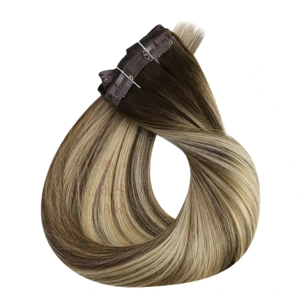 Clip - in hair extensions with a wavy texture for a beachy and relaxed look[Sale]Clip in Virgin Human Hair Extensions High Quality Balayage Brown #4/8/4/22/800