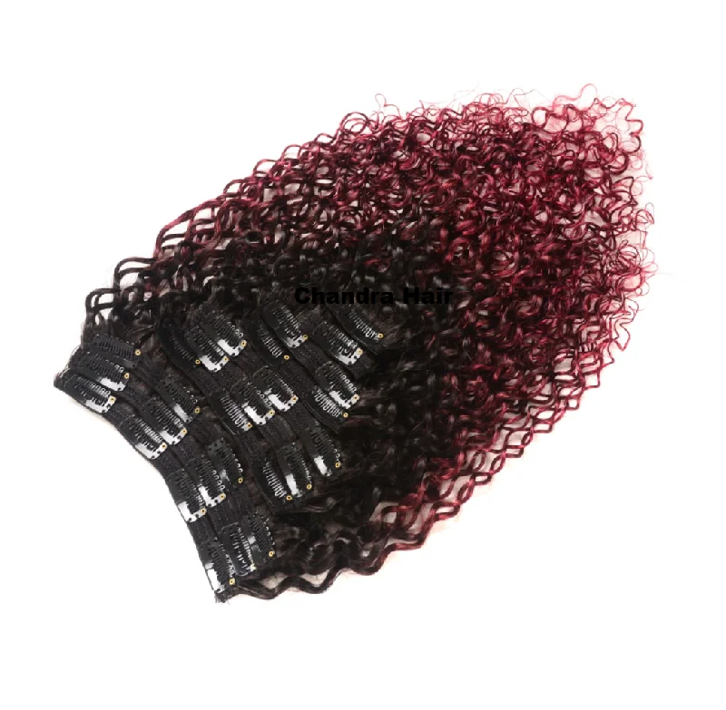 Clip - in hair extensions with a curly texture for a bold and stylish choiceClip-Ins Curly Hair Extensions Grade 8A - Ombre Black Burgundy Clip - in hair extensions with a curly texture for a bold and stylish choiceClip-Ins Curly Hair Extensions Grade 8A - Ombre Black Burgundy