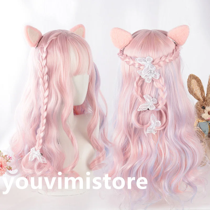 Curly wig in a platinum - blonde color for a bold and trendy lookLolita pink mixed blue long curly wig YV43570 Curly wig in a platinum - blonde color for a bold and trendy lookLolita pink mixed blue long curly wig YV43570