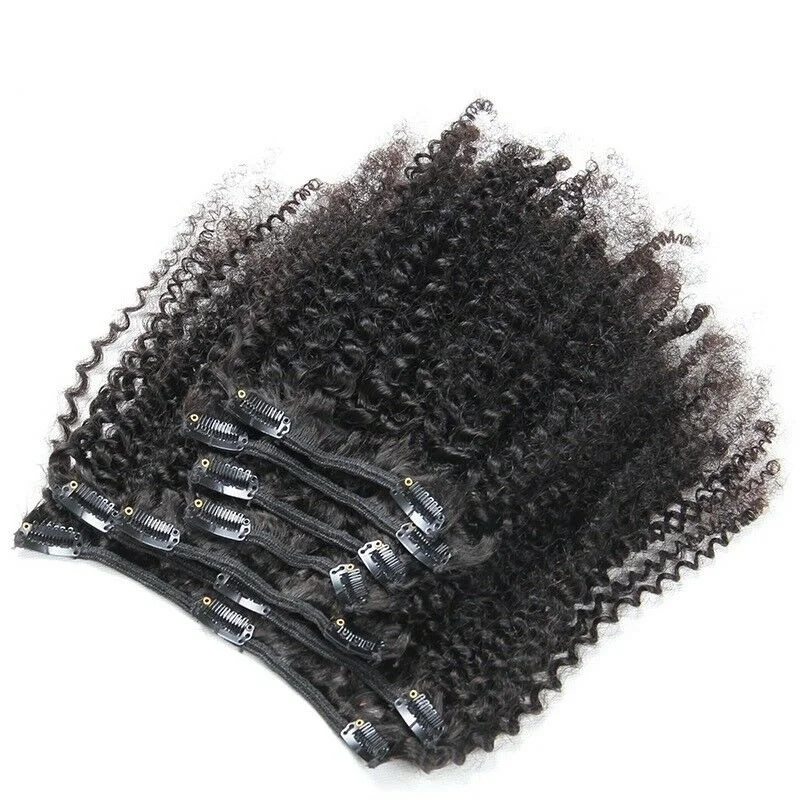 Clip - in hair extensions with a side - part for a more flattering lookLuxury Brazilian Clip In Kinky Curly Virgin Human Hair Extensions 7pcs 120g Clip - in hair extensions with a side - part for a more flattering lookLuxury Brazilian Clip In Kinky Curly Virgin Human Hair Extensions 7pcs 120g