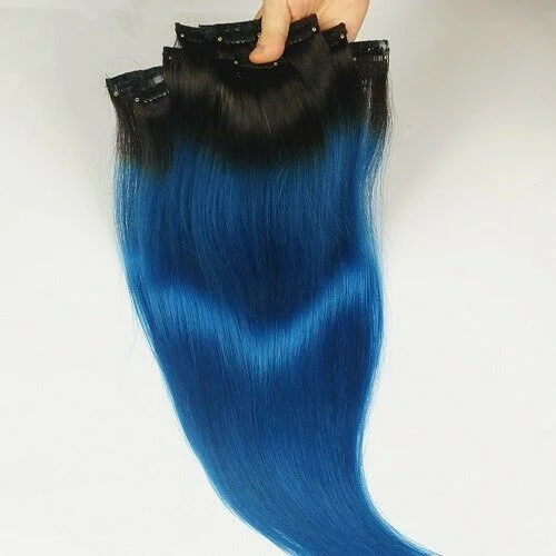 Clip - in hair extensions with a side - part for a more flattering lookLuxury Clip In Human Hair Extensions #1B/Royal Blue Remy Ombre 7pcs 120g Clip - in hair extensions with a side - part for a more flattering lookLuxury Clip In Human Hair Extensions #1B/Royal Blue Remy Ombre 7pcs 120g