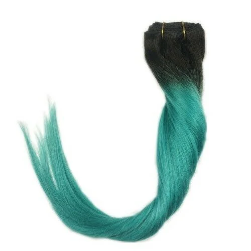 Clip - in hair extensions with a side - part for a more flattering lookLuxury Clip In Human Hair Extensions #1B/Teal Green Remy Ombre 7pcs 120g Clip - in hair extensions with a side - part for a more flattering lookLuxury Clip In Human Hair Extensions #1B/Teal Green Remy Ombre 7pcs 120g