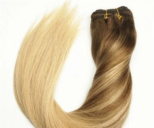 Clip - in hair extensions with a wavy texture for a beachy and relaxed lookLuxury Clip In Human Hair Extensions #4/18 Balayage Ombre Straight 7pcs 120g