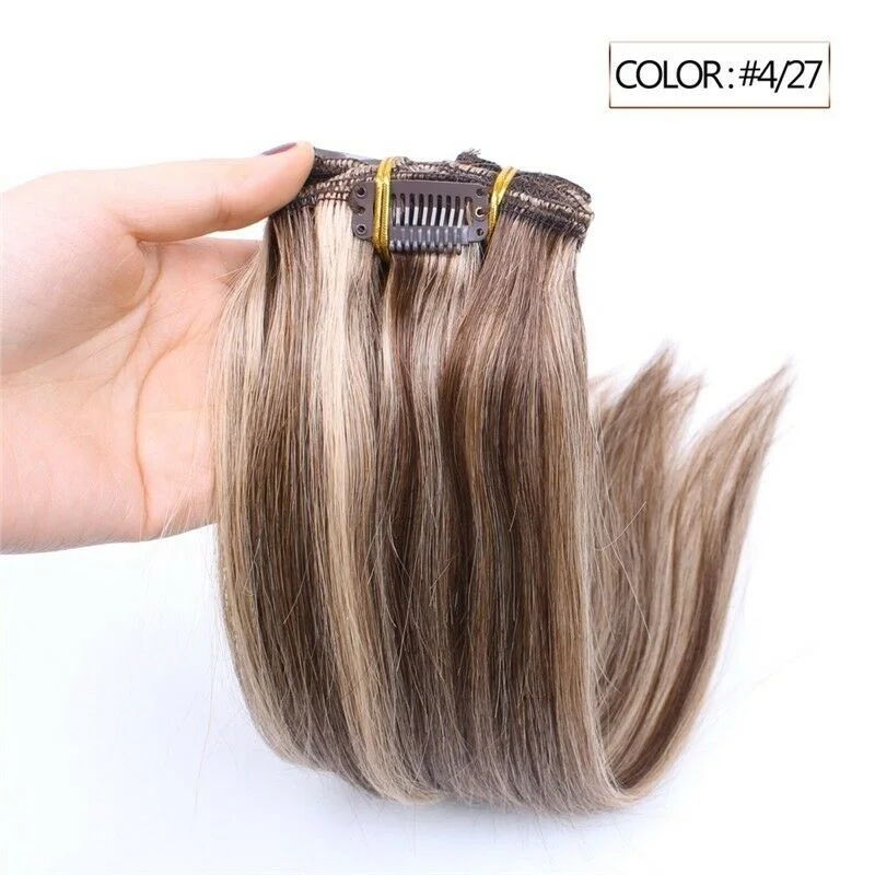 Clip - in hair extensions with a middle - part for a classic and elegant styleLuxury Clip In Human Hair Extensions #4/27 Balayage Ombre Remy 7pcs 100g Clip - in hair extensions with a middle - part for a classic and elegant styleLuxury Clip In Human Hair Extensions #4/27 Balayage Ombre Remy 7pcs 100g