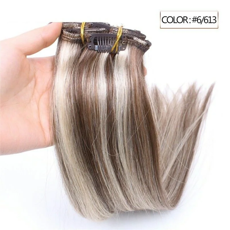 Clip - in hair extensions with a straight texture for a sleek and seamless blendLuxury Clip In Human Hair Extensions #6/613 Balayage Ombre Remy 7pcs 100g Clip - in hair extensions with a straight texture for a sleek and seamless blendLuxury Clip In Human Hair Extensions #6/613 Balayage Ombre Remy 7pcs 100g
