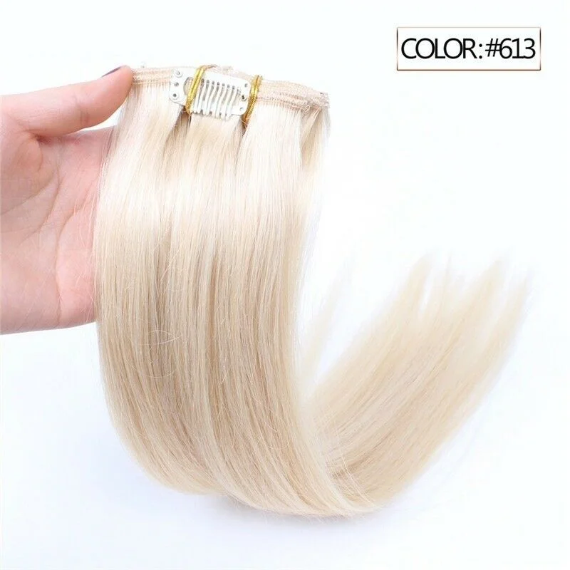 Human - hair clip - in hair extensions for a natural and luxurious lookLuxury Clip In Human Hair Extensions #613 Bleach Blonde Remy Straight 7pcs 100g Human - hair clip - in hair extensions for a natural and luxurious lookLuxury Clip In Human Hair Extensions #613 Bleach Blonde Remy Straight 7pcs 100g