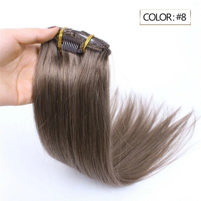 Clip - in hair extensions with a side - part for a more flattering lookLuxury Clip In Human Hair Extensions #8 Light Brown Remy Straight 7pcs 100g Clip - in hair extensions with a side - part for a more flattering lookLuxury Clip In Human Hair Extensions #8 Light Brown Remy Straight 7pcs 100g