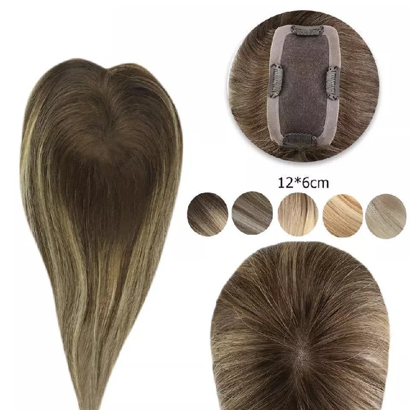 Clip - in hair extensions with a straight texture for a sleek and seamless blendLuxury Human Hair Topper Ombre Balayage 12*6cm Remy Hair Piece With Clips 110% Density Crown Hair Ash Blonde Brown Mono Clip - in hair extensions with a straight texture for a sleek and seamless blendLuxury Human Hair Topper Ombre Balayage 12*6cm Remy Hair Piece With Clips 110% Density Crown Hair Ash Blonde Brown Mono