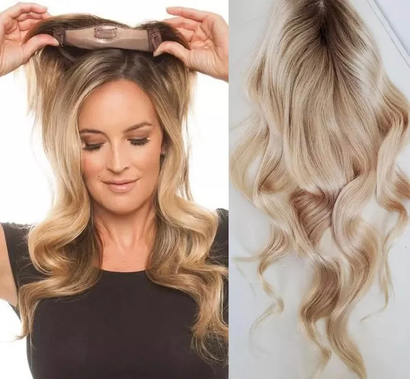 Clip - in hair extensions with a wavy texture for a beachy and relaxed lookLuxury Ombre Blonde Human Hair Body Wave Topper Wig For Women 8*15cm Breathable MONO PU Base With Clip In Hair Toupee Remy Hair Piece 130% Clip - in hair extensions with a wavy texture for a beachy and relaxed lookLuxury Ombre Blonde Human Hair Body Wave Topper Wig For Women 8*15cm Breathable MONO PU Base With Clip In Hair Toupee Remy Hair Piece 130%