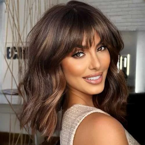 Curly wig with a water - wave texture for a unique and stylish choiceMid Length Wavy Wig with Bangs and Highlights Curly wig with a water - wave texture for a unique and stylish choiceMid Length Wavy Wig with Bangs and Highlights