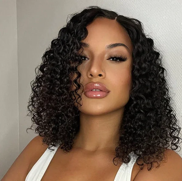Synthetic curly wig with a tight - curl pattern for a natural lookGlueless Breathable Deep Wave 4x4 Closure Lace Mid Part Wig 12" Synthetic curly wig with a tight - curl pattern for a natural lookGlueless Breathable Deep Wave 4x4 Closure Lace Mid Part Wig 12"
