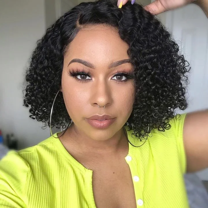 Curly wig with a side - swept bang for a sophisticated lookGlueless Realistic Kinky Curly 4X4 Lace Closure Short  Wig 12"
