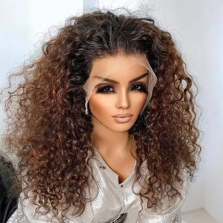 Curly wig with a water - wave texture for a unique and stylish choiceOmbre Dark Brown Crown Curly 13x5 Lace Front Wig Glueless Human Hair Wig Curly wig with a water - wave texture for a unique and stylish choiceOmbre Dark Brown Crown Curly 13x5 Lace Front Wig Glueless Human Hair Wig