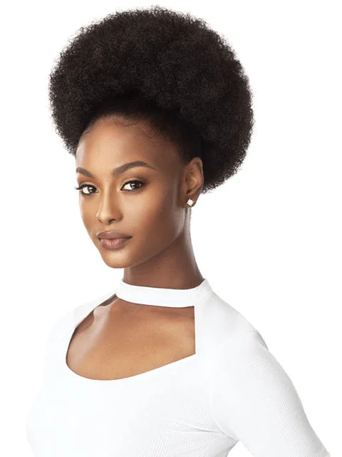 Hair buns with loose tendrils framing the faceOutre Pretty Quick Pony Ponytail - AFRO PUFF XL Hair buns with loose tendrils framing the faceOutre Pretty Quick Pony Ponytail - AFRO PUFF XL
