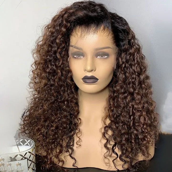 Curly wig with a natural - looking root for a more realistic look(Super Deal)Ombre Brown Curly Wig With Black Root Human Hair 6x5 Lace Wig Glueless Wig Curly wig with a natural - looking root for a more realistic look(Super Deal)Ombre Brown Curly Wig With Black Root Human Hair 6x5 Lace Wig Glueless Wig