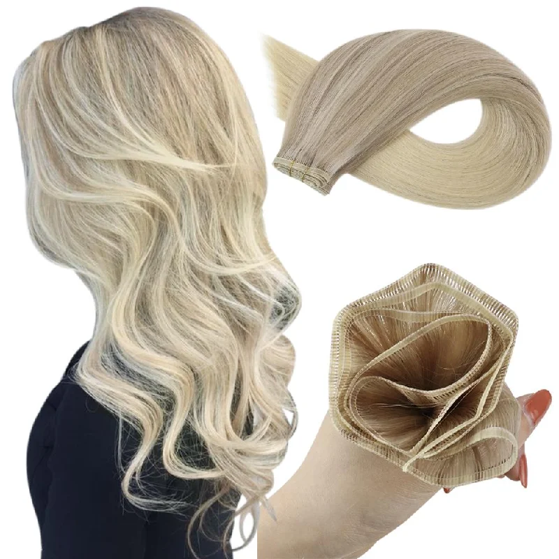 Clip - in hair extensions with a pre - ble[US]Moresoo Virgin Sew In Flat Silk Weft Hair Extensions Balayage Blonde Color(#18/22/60)