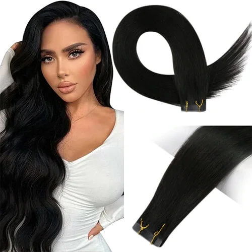 Clip - in hair extensions with a curly texture for a bold and stylish choice[US]Virgin Tape In Hair Raw Hair Extension Moresoo Human Natural Hair Jet Black (#1)