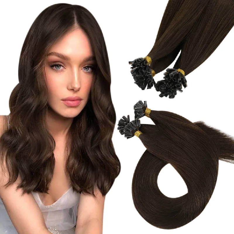 Clip - in hair extensions in a jet - black color for a classic and timeless appearance[Sale]U Tip Human Hair Extensions Moresoo Virgin Real Human Straight Hair Medium Brown #4