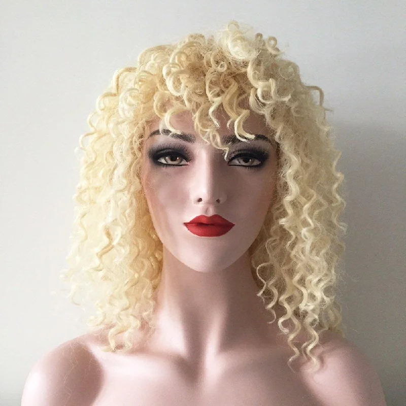 Curly wig with a 220 - density for an extra - full appearanceWomen Blonde Medium Length Curly Kinky Wild Wig Curly wig with a 220 - density for an extra - full appearanceWomen Blonde Medium Length Curly Kinky Wild Wig