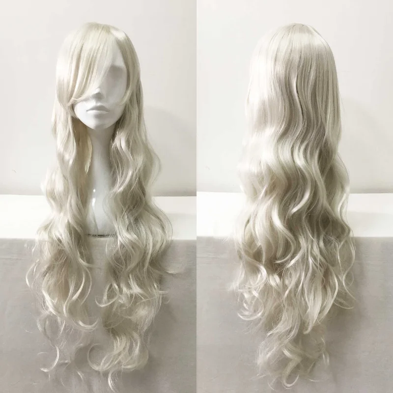 Lace - front curly wig for a seamless hairlineWomen White Long Curly Side Swept Bangs Cosplay Wig Lace - front curly wig for a seamless hairlineWomen White Long Curly Side Swept Bangs Cosplay Wig