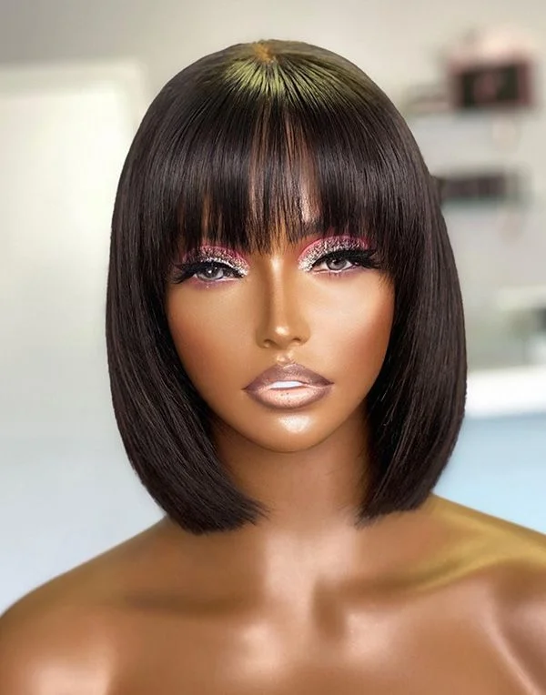 Glueless wig with a side - swept bang for a sophisticated look10-14 Inch Layered Bob with Bangs Glueless Human Hair Lace Wig / Closure Wig - INS001 Glueless wig with a side - swept bang for a sophisticated look10-14 Inch Layered Bob with Bangs Glueless Human Hair Lace Wig / Closure Wig - INS001