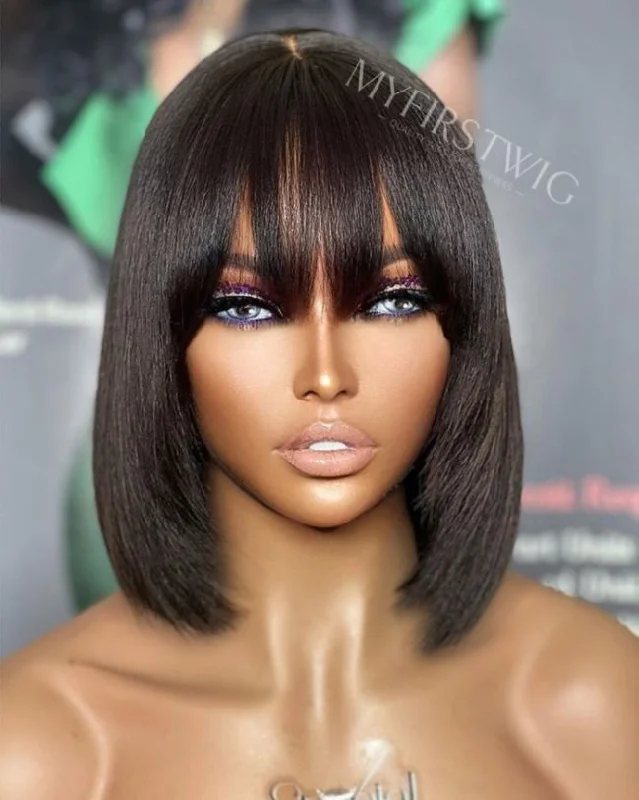 Glueless wig with a middle - part for a classic and elegant style10-14 Inch Short Bob with Bangs Glueless Human Hair Lace Wig / Closure Wig - SPE063 Glueless wig with a middle - part for a classic and elegant style10-14 Inch Short Bob with Bangs Glueless Human Hair Lace Wig / Closure Wig - SPE063