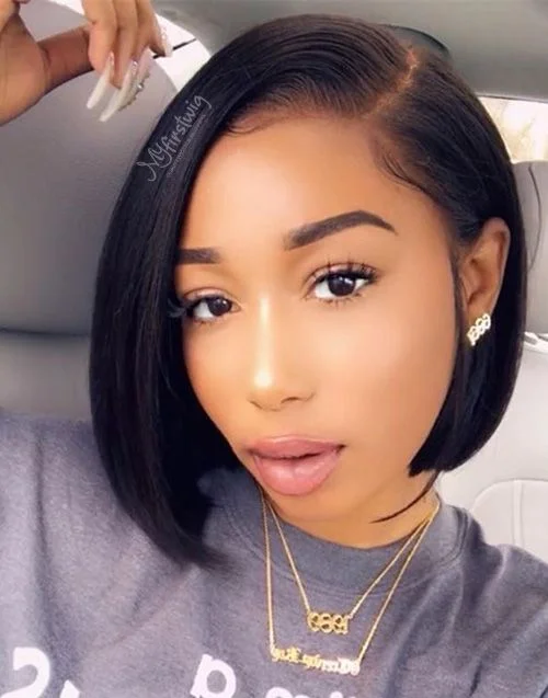 Glueless wig with a wispy fringe for a soft and feminine look10-14 Inch Side Part Yaki Bob Glueless Human Hair Lace Wig / Closure Wig - Kiana LFB026 Glueless wig with a wispy fringe for a soft and feminine look10-14 Inch Side Part Yaki Bob Glueless Human Hair Lace Wig / Closure Wig - Kiana LFB026