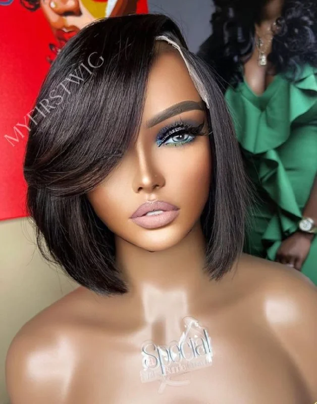 Glueless wig with a honey - blonde color for a warm and sunny appearance10-14 Inch Side Part Bob Glueless Human Hair Lace Wig / Closure Wig - SPE070 Glueless wig with a honey - blonde color for a warm and sunny appearance10-14 Inch Side Part Bob Glueless Human Hair Lace Wig / Closure Wig - SPE070